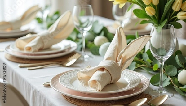 Fototapeta Easter Table Setting: White Plates, Pink Napkins, Yellow Tulips, and Green Leaves. A table set for easter dinner with white plates, silverware and napkins.
