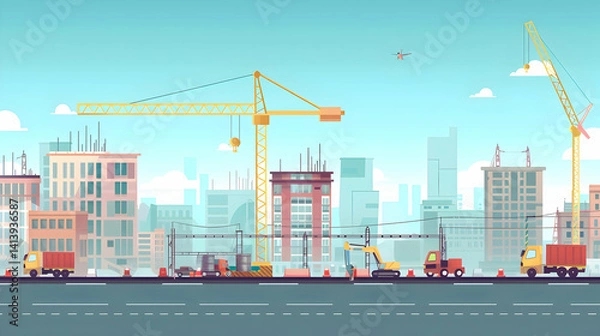 Obraz Cityscape featuring construction activities of buildings under development in daylight