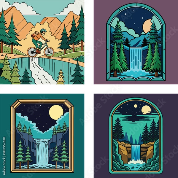 Fototapeta Mountain Biking Adventure And Scenic Waterfall Landscapes Cartoon Vector Illustrations Design