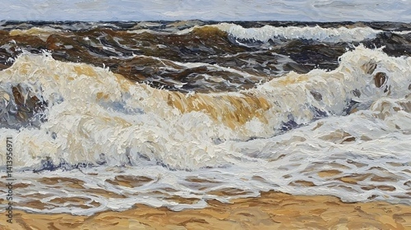 Fototapeta Impasto ocean waves crashing on sandy beach.  Dynamic brushstrokes capture powerful energy of sea.