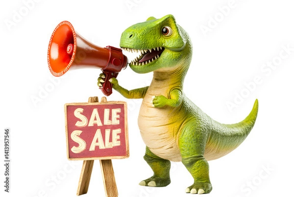 Fototapeta Adorable cartoon dinosaur shouting into megaphone and holding sale banner transparent background