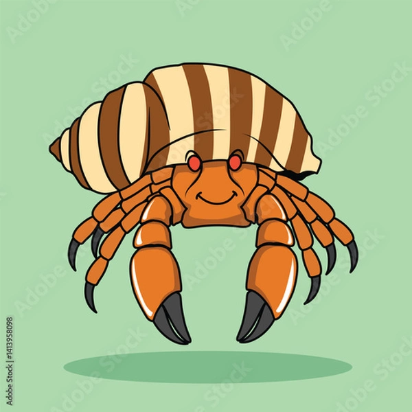 Fototapeta hermit crab with a striped shell red eyes cartoon flat illustration, isolated sea creature concept, flat cartoon style