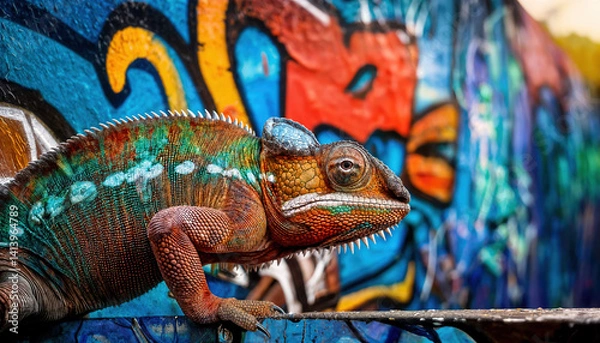 Fototapeta A surreal scene of a chameleon blending into a graffiti-covered urban wall, its textured skin mimicking spray paint patterns.