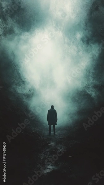 Fototapeta Silhouette figure in mist-shrouded mountain path, dramatic sky