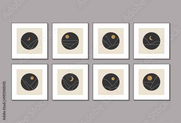 Fototapeta Set of trendy minimalist landscape mid century abstract art