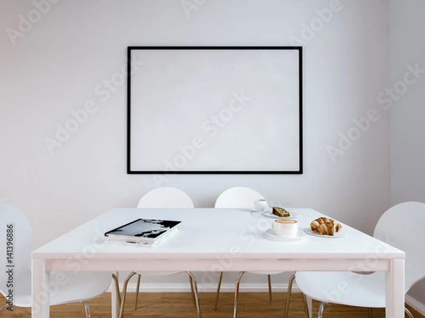 Fototapeta Kitchen table and chairs, blank picture frame on the wall