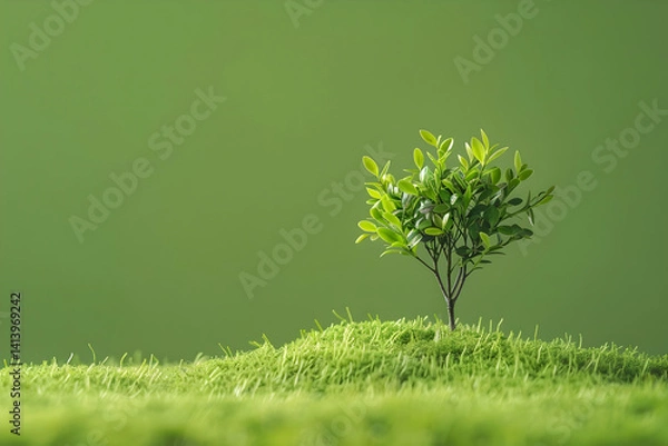 Fototapeta A small vibrant green tree growing on a bed of soft moss