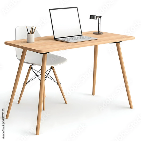 Fototapeta Minimalist Light Wood Desk with White Chair and Laptop