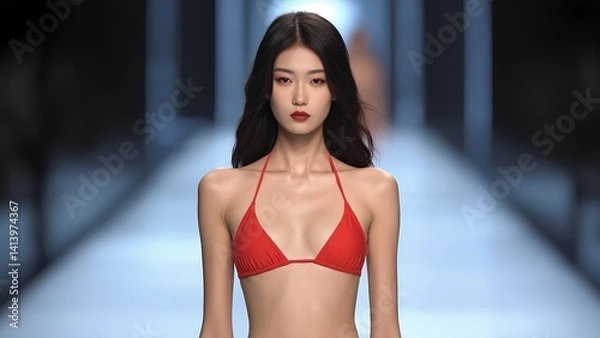 Fototapeta Fashion show model in red bikini runway photography modern studio side view glamour and style