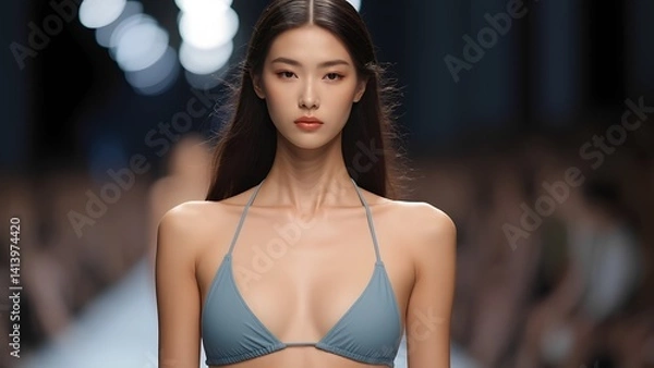Fototapeta Fashion runway show featuring model in swimwear paris catwalk photography urban setting close-up view style showcase