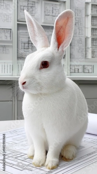 Fototapeta White Rabbit Sitting on Blueprint Papers in Modern Office Setting