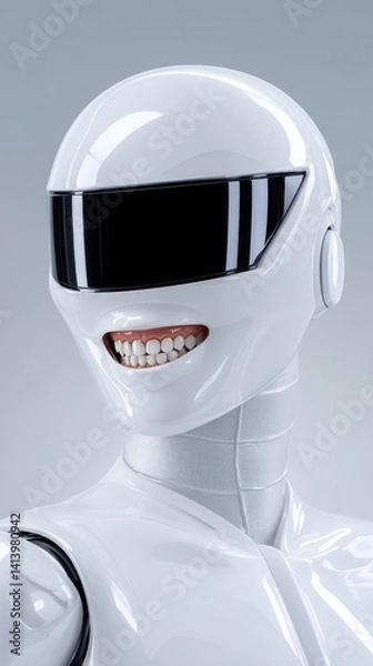 Fototapeta Futuristic Smiling Robot Face with Glossy Finish and Reflective Visor