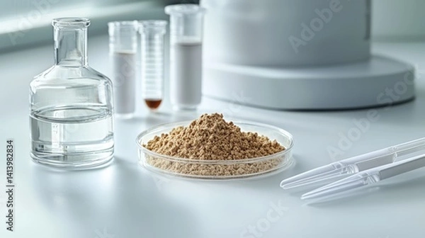 Fototapeta Laboratory bench setup featuring petri dish with stevia powder and sterile tools