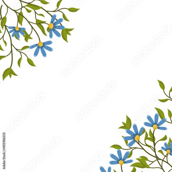 Fototapeta Vector background with blue flowers and leaves. Spring botanical illustration for cards and invitations with space for text.