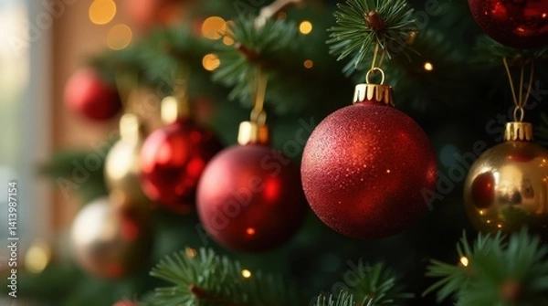 Obraz Close-up of shiny glass Christmas baubles in red, gold, and silver hanging on a decorated Christmas tree