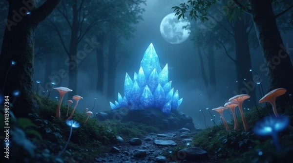 Obraz Concept art style, mysterious glowing crystal cluster surrounded by bioluminescent plants and fungi in a dark forest glade, moonlight filtering through leaves