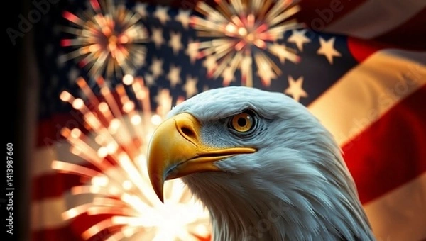 Fototapeta  proud bald eagle head in front of a waving USA flag with fireworks in the background