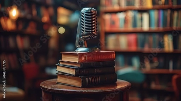 Fototapeta A podium with a microphone and stack of books, ready for an author to give a talk at a literary event