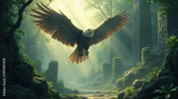 Obraz Fantasy illustration, a majestic eagle soaring above ancient crumbling stone ruins in a jungle, glowing light rays breaking through mist, dynamic low angle view with lush green overgrowth 