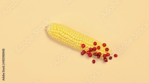 Fototapeta Minimalistic style, single ear of corn and cluster of cranberries placed diagonally on plain beige background, soft shadow