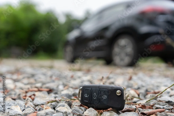 Fototapeta Lost car keys on the ground, Car keys dropped on the floor or fall lying on the street home front. Walking Away From Lost Car Key, can not transport, express, rush time, wast time, emergency
