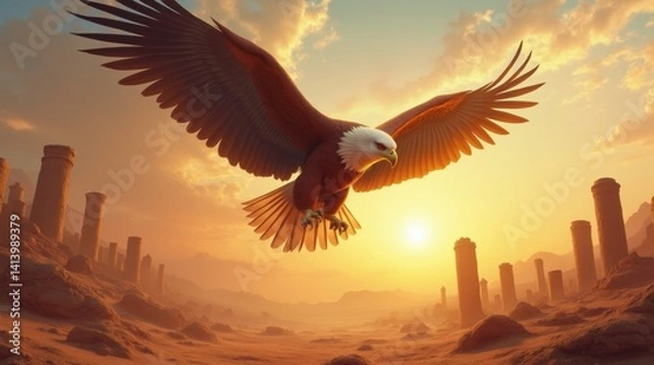 Obraz Surreal digital painting, powerful eagle with wide wings flying over desert ruins at golden hour, scattered sand and broken columns below