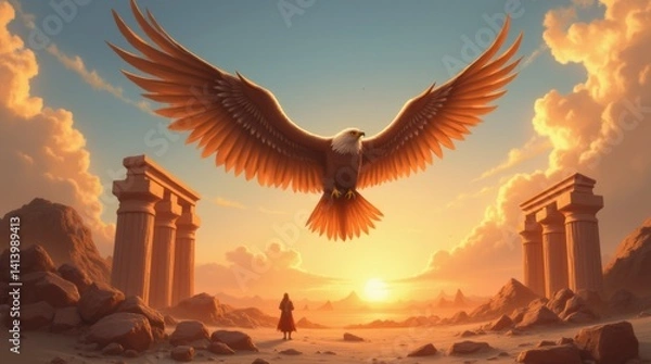 Obraz Surreal digital painting, powerful eagle with wide wings flying over desert ruins at golden hour, scattered sand and broken columns below