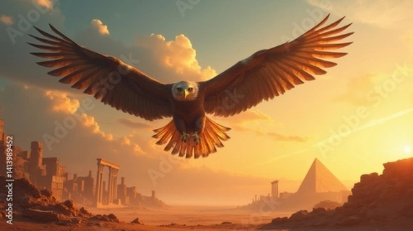 Obraz Surreal digital painting, powerful eagle with wide wings flying over desert ruins at golden hour, scattered sand and broken columns below