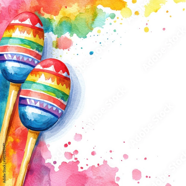 Fototapeta Cinco de mayo Blank Background of Colorful watercolor maracas with vibrant splashes and blank space for text, Nacho Illustration with copy space and negative space for text