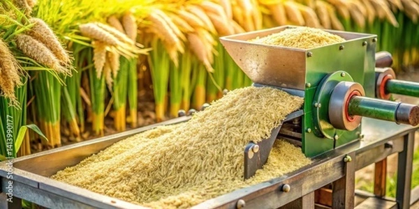 Fototapeta Close-up shot of a small rice milling machine processing rice seeds with various parts exposed