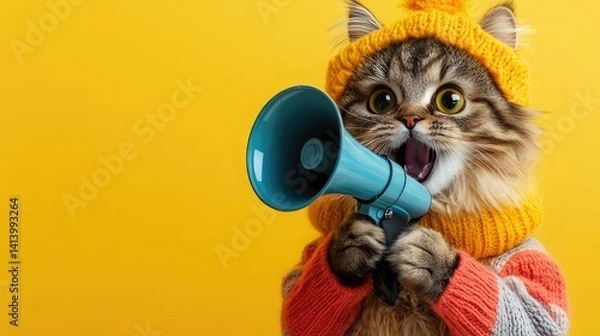 Fototapeta A charming, fluffy cat in a funny, stylish costume, holding a megaphone. Its wide eyes and slightly open mouth suggest it's ready to speak or get attention. 