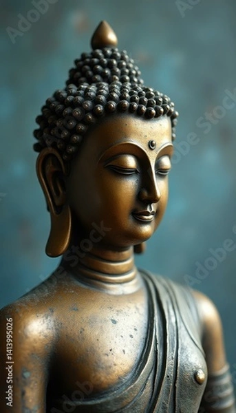 Fototapeta Serene Bronze Buddha Statue Depicting Enlightenment and Inner Peace, Featuring Intricate Details and Meditative Expression