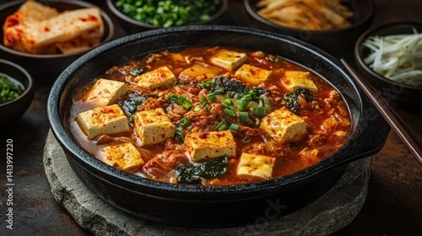 Fototapeta Bubbling kimchi jjigae with tofu, pork, and banchan served at rustic table setting