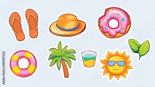 Obraz Set of vector stickers isolated from the background. Hats, sandals, sun, inflatable ring and other symbols of summer in the form of bright juicy illustrations.