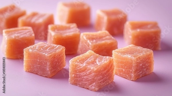 Fototapeta Tuna-based soft treats for cats arranged on a pastel lilac surface in a loose triangle