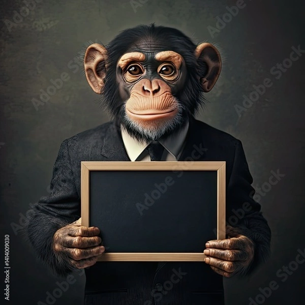 Fototapeta A cute and charming monkey wearing a perfectly tailored suit, standing upright while holding a blank chalkboard sign.