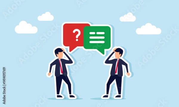 Fototapeta Two businessmen talking to each other with a chat dialog icon showing a question mark and a text icon, illustration of confusion about the current market trends
