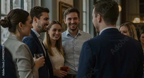 Obraz Young professionals are standing close, smiling, and engaging in friendly conversation, dressed in smart casual outfits.
