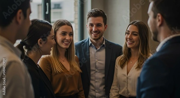 Obraz Young professionals are standing close, smiling, and engaging in friendly conversation, dressed in smart casual outfits.