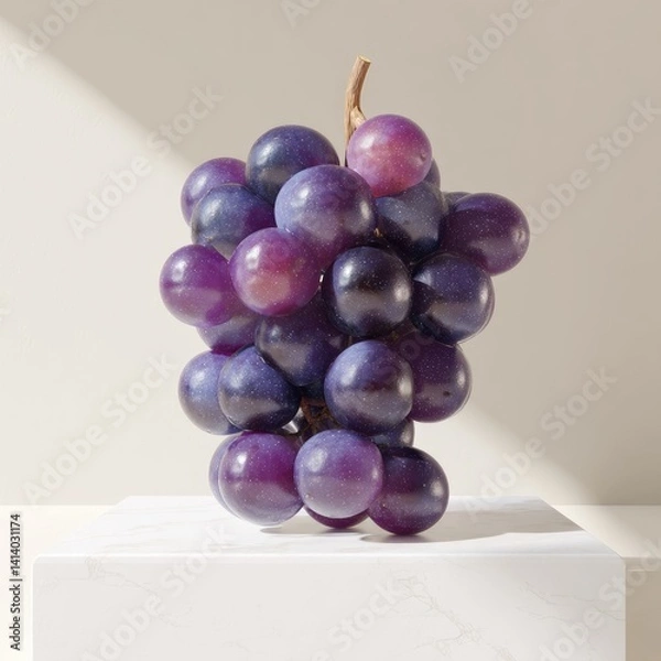 Fototapeta Purple grapes cluster displayed on a white pedestal.