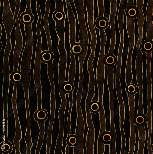 Fototapeta Brown yellow watercolor wavy seamless pattern. Abstract striped background. Wavy lines with circles on textured paper. Template for design, textile, wallpaper, carpet, ceramics.