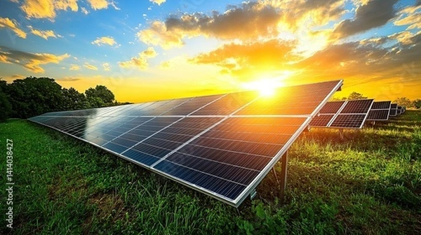 Fototapeta Serene Solar Energy Field at Twilight, Sun Dipping Below, Rows of Panels Reflecting a Vibrant Sky 