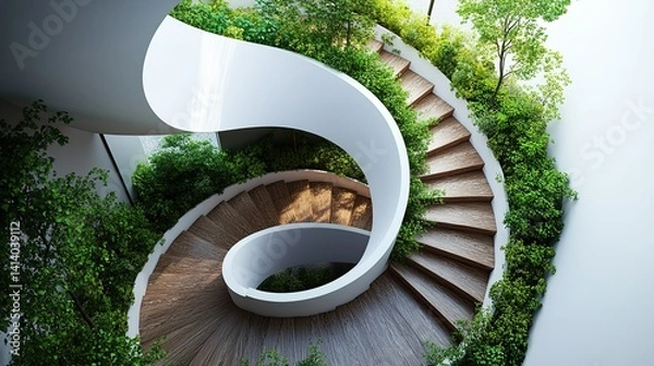 Fototapeta Spiral Staircase Surrounded by Green Plants, Adding a Natural Touch to a Contemporary Home Design 