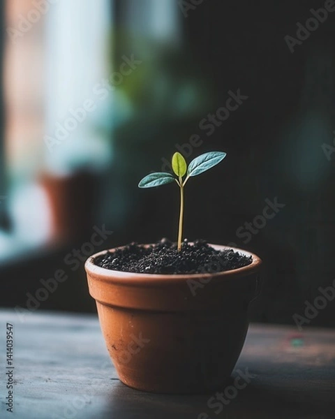 Fototapeta A young seedling grows in a terracotta pot, symbolizing a fresh start and new beginnings.