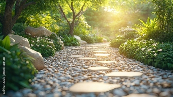 Fototapeta Sunlit Walkway in a Serene Garden Setting, Featuring Peaceful Natural Elements for Relaxation