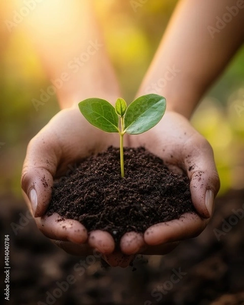 Fototapeta Close up of hands gently holding soil with a tiny plant sprout, symbolizing new beginnings.