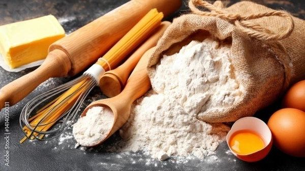 Fototapeta Baking Ingredients Including Flour Eggs and Butter Arranged on a Dark Kitchen Countertop with Utensils Ready for Preparation