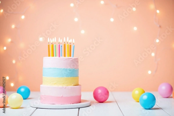 Fototapeta birthday cake with candles and balloons on a table