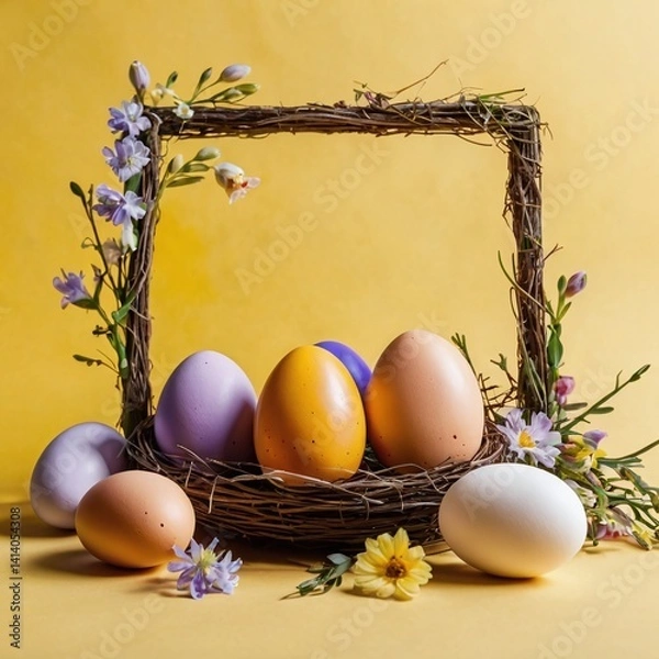 Fototapeta Easter eggs and spring flowers creating a frame on a yellow background with copy space