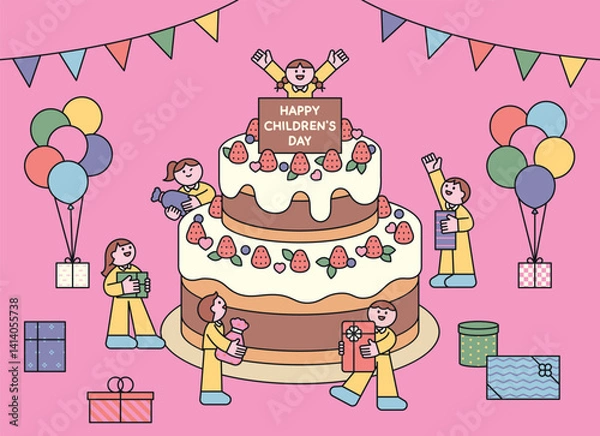 Obraz Colorful illustration of children celebrating Children's Day with a big cake, balloons, and presents. A joyful flat style party scene for holiday designs.